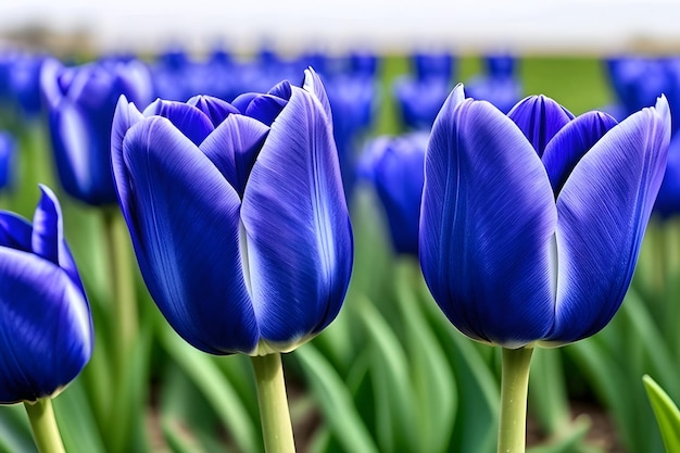 un campo de tulipanes púrpuras con tallos verdes tulipanes de pared azules colores azules reales campo de flores azules