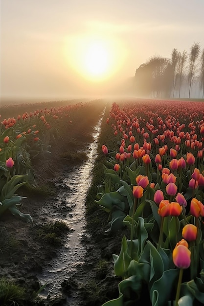 Campo de tulipanes rojos en la luz del amanecer de la mañana