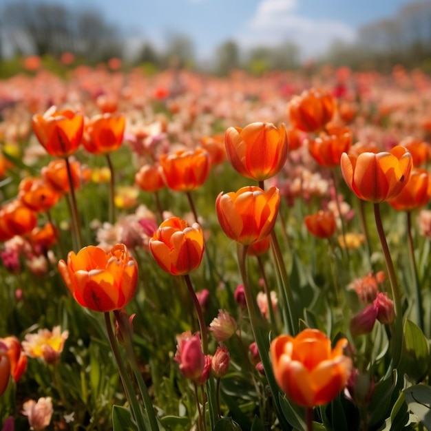 Un campo de tulipanes rojos con la palabra tulipanes