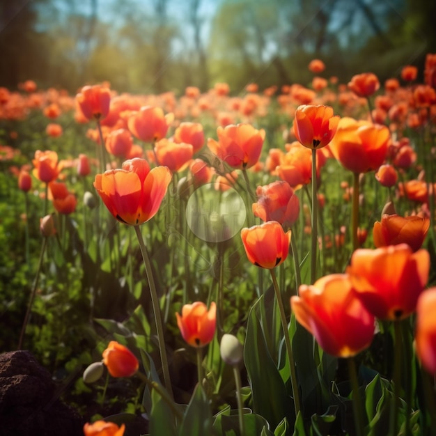 Un campo de tulipanes rojos con el sol brillando a través de las hojas.