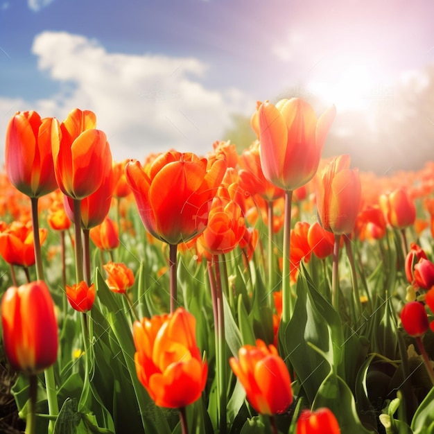 Un campo de tulipanes rojos con el sol detrás