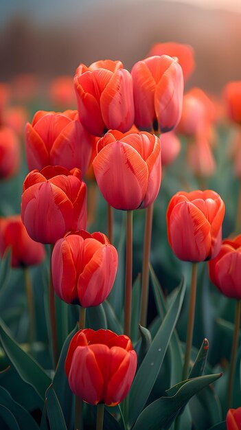 Foto un campo de tulipanes rojos vibrantes floreciendo entre la hierba y los árboles.