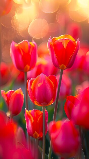 Foto un campo de tulipanes con el sol brillando en el fondo