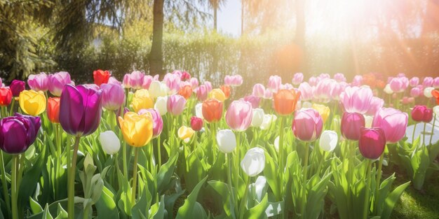 Un campo de tulipanes con el sol brillando en el lado derecho