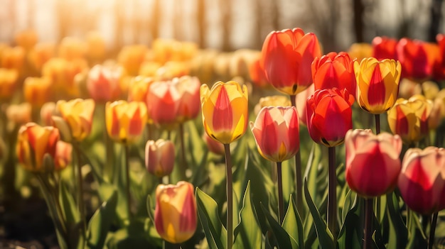 Un campo de tulipanes con el sol brillando a través de los árboles.