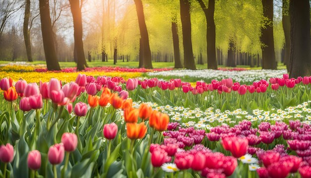 un campo de tulipanes con el sol brillando a través de los árboles