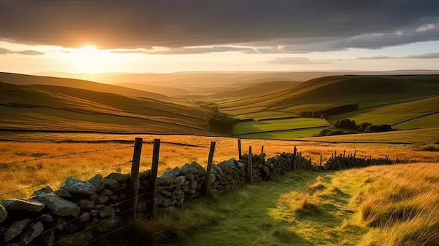 Un campo con una valla y una puesta de sol.