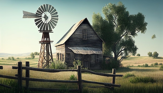 Campo de verano con una granja y un molino de viento