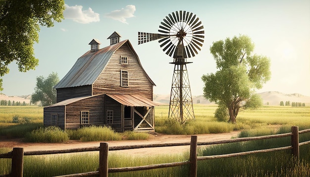 Foto campo de verano con una granja y un molino de viento