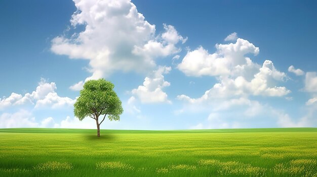 Un campo verde con un árbol en el medio.