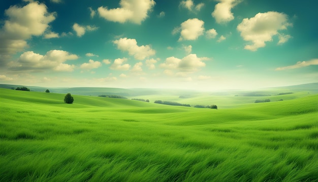 un campo verde con un árbol verde en el horizonte