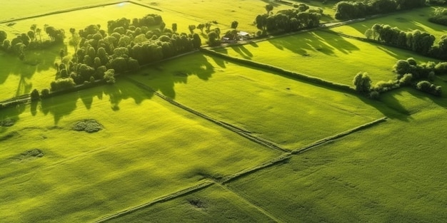 Un campo verde con árboles y una casa al fondo.