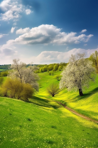 Un campo verde con árboles y un cielo azul.