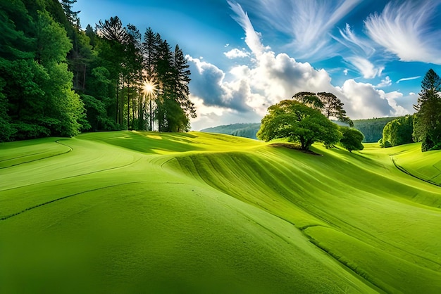 Un campo verde con árboles y colinas al fondo.