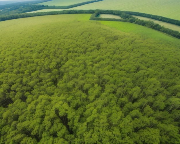 Un campo verde con un bosque al fondo.