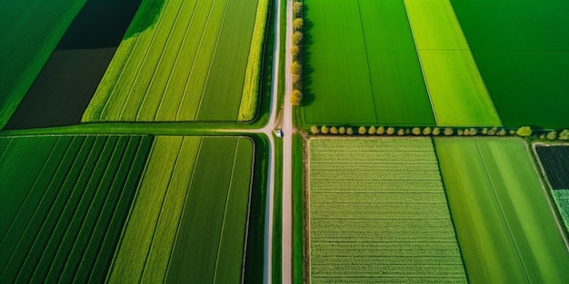 Un campo verde con un camino y árboles.