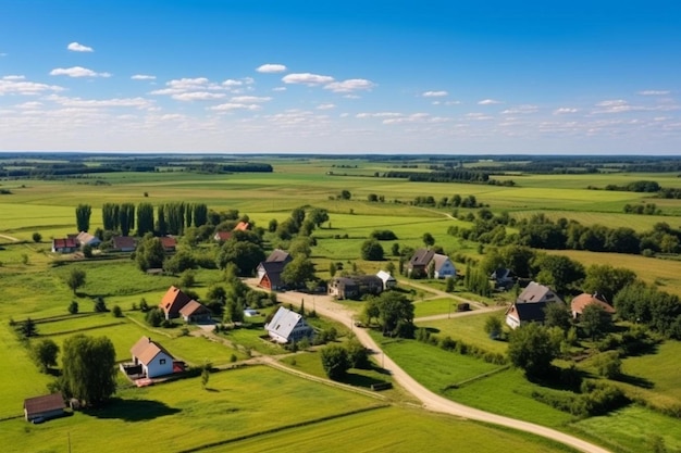 Foto un campo verde con una carretera y casas en el fondo