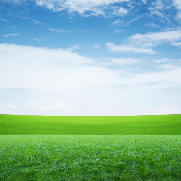 Un campo verde con un cielo azul y algunas nubes.