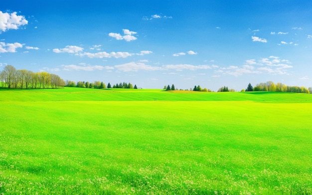 Un campo verde con un cielo azul y árboles al fondo.