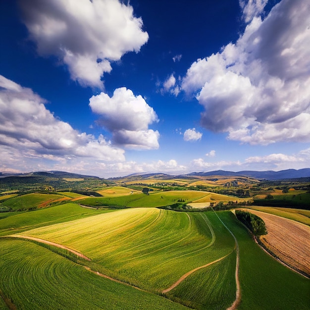 Campo verde con un cielo azul en el fondo generativo ai