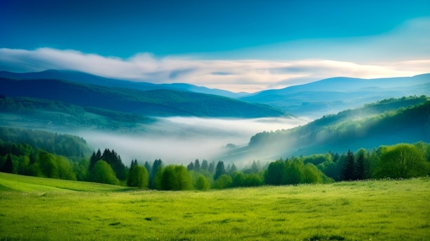 Campo verde con cielo azul y niebla.