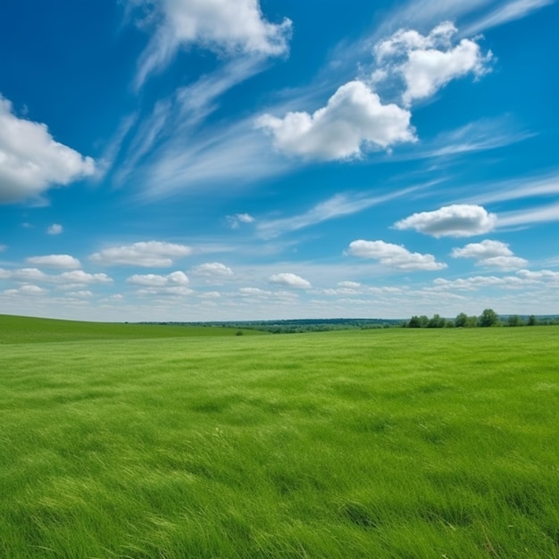 Un campo verde con un cielo azul y nubes en el fondo ai generativo