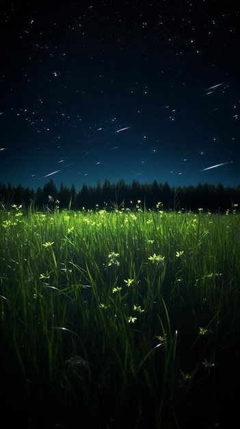 Foto un campo verde con un cielo estrellado y estrellas.