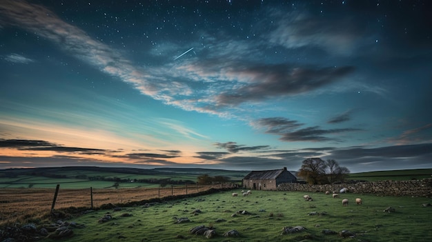 un campo verde con un cielo estrellado y un granero al fondo.