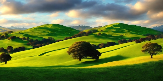 Un campo verde con colinas y árboles al fondo.