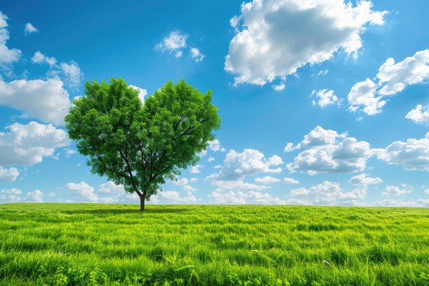 Campo verde com árvore em forma de coração sob o céu azul Beleza natureza Valentino conceito de fundo