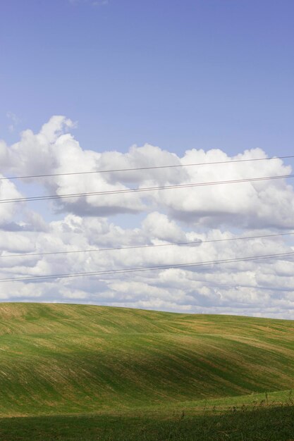 campo verde com colinas e céu azul nublado com foto vertical