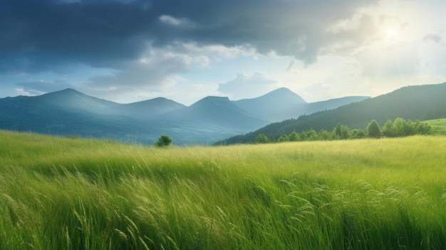 Campo verde com montanhas ao fundo