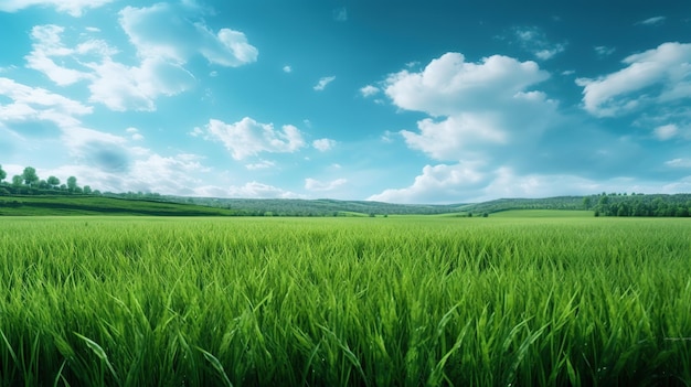 Campo verde com um céu azul e nuvens