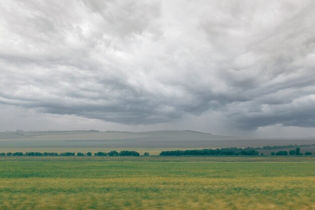 Campo verde con desenfoque de cinturón forestal en movimiento, con el telón de fondo de una nube de lluvia