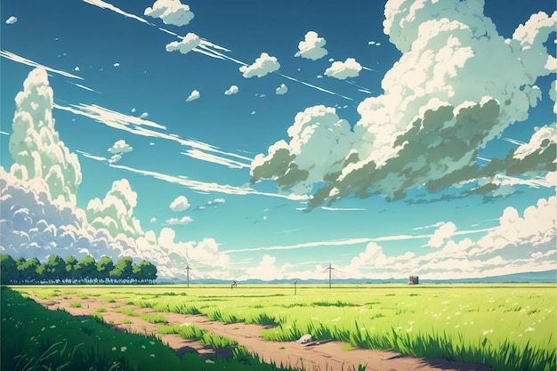 Foto campo verde, día cielo nubes anime fondo