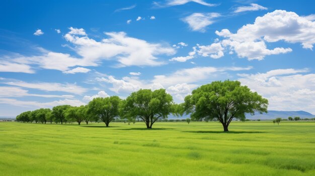 Campo verde e céu azul com árvores