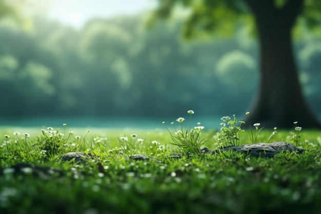 Un campo verde exuberante con un árbol en el fondo