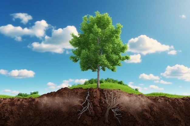 Un campo verde y exuberante, árboles, campos y suelo fértil bajo un cielo despejado.