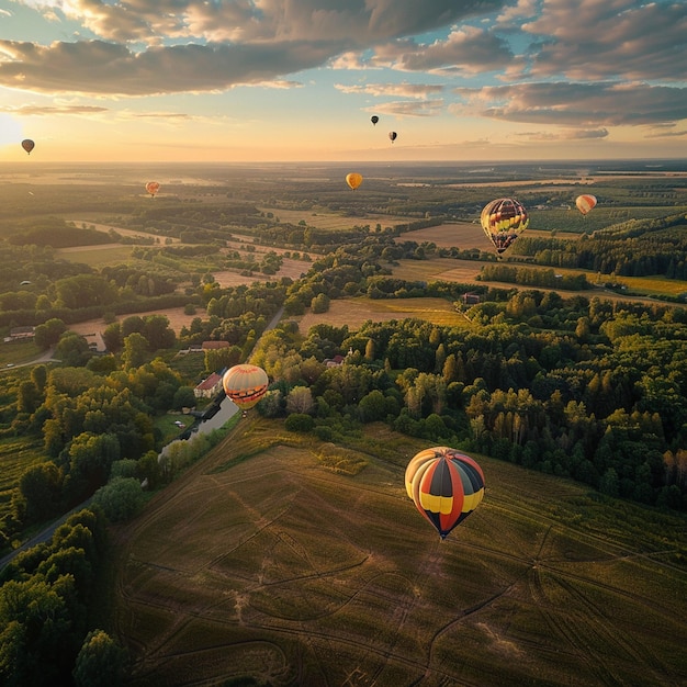 Campo verde exuberante com balões de ar quente na paisagem de verão lituana
