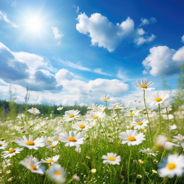 Un campo verde en flor con margaritas blancas sobre un cielo azul con nubes