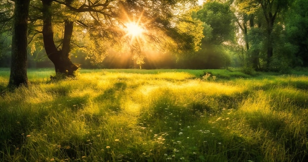 Un campo verde con un fondo iluminado por el sol brillante