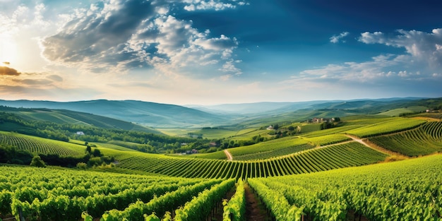 Campo verde con hileras de vides para cosechar Uvas maduras para la producción de vinos finos IA generativa