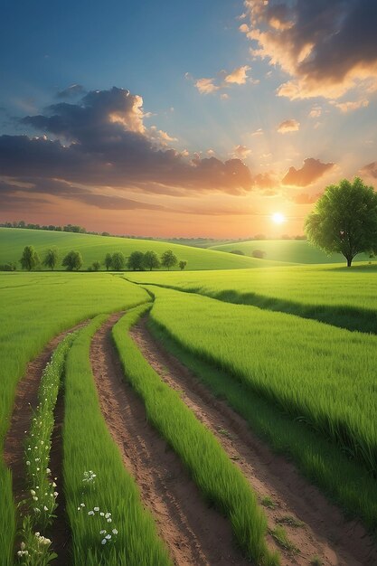 Campo verde y jugosos y concepto de primavera al atardecer