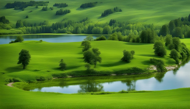 un campo verde con un lago y árboles en el fondo