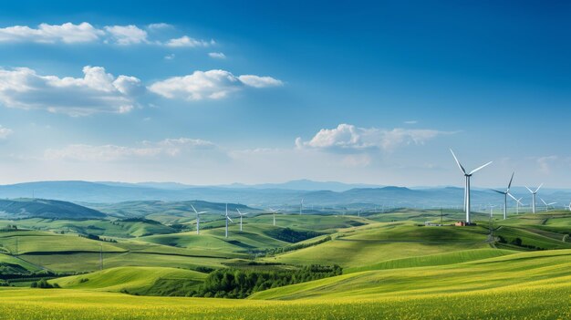 Un campo verde con molinos de viento lejanos