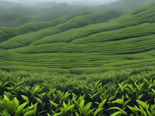 Un campo verde con una montaña al fondo.