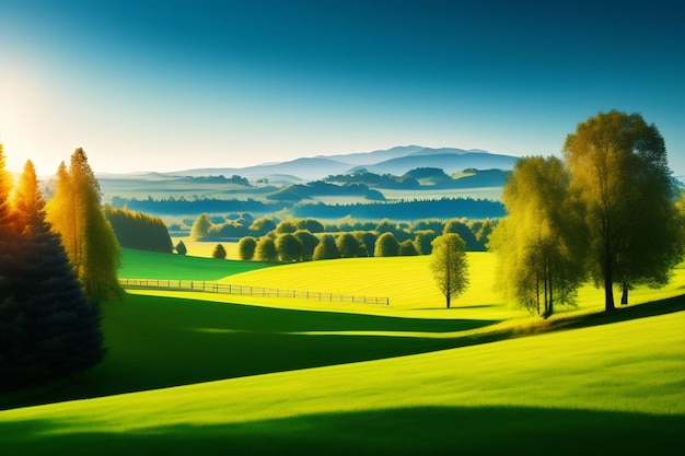 Un campo verde con una montaña y árboles.