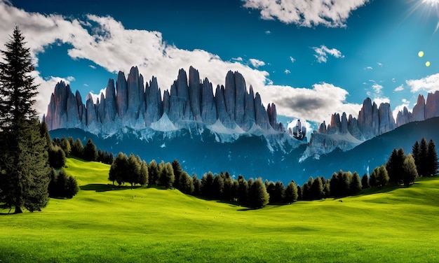 Un campo verde con montañas al fondo.