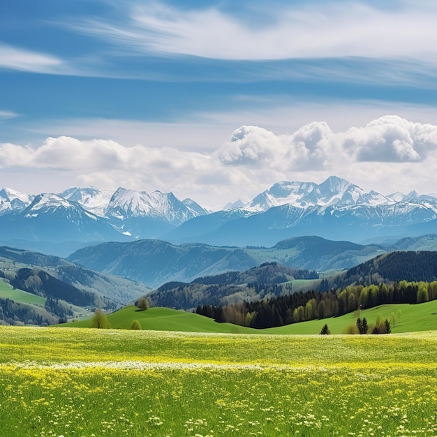 Un campo verde con montañas al fondo.