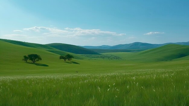 Un campo verde con montañas al fondo.